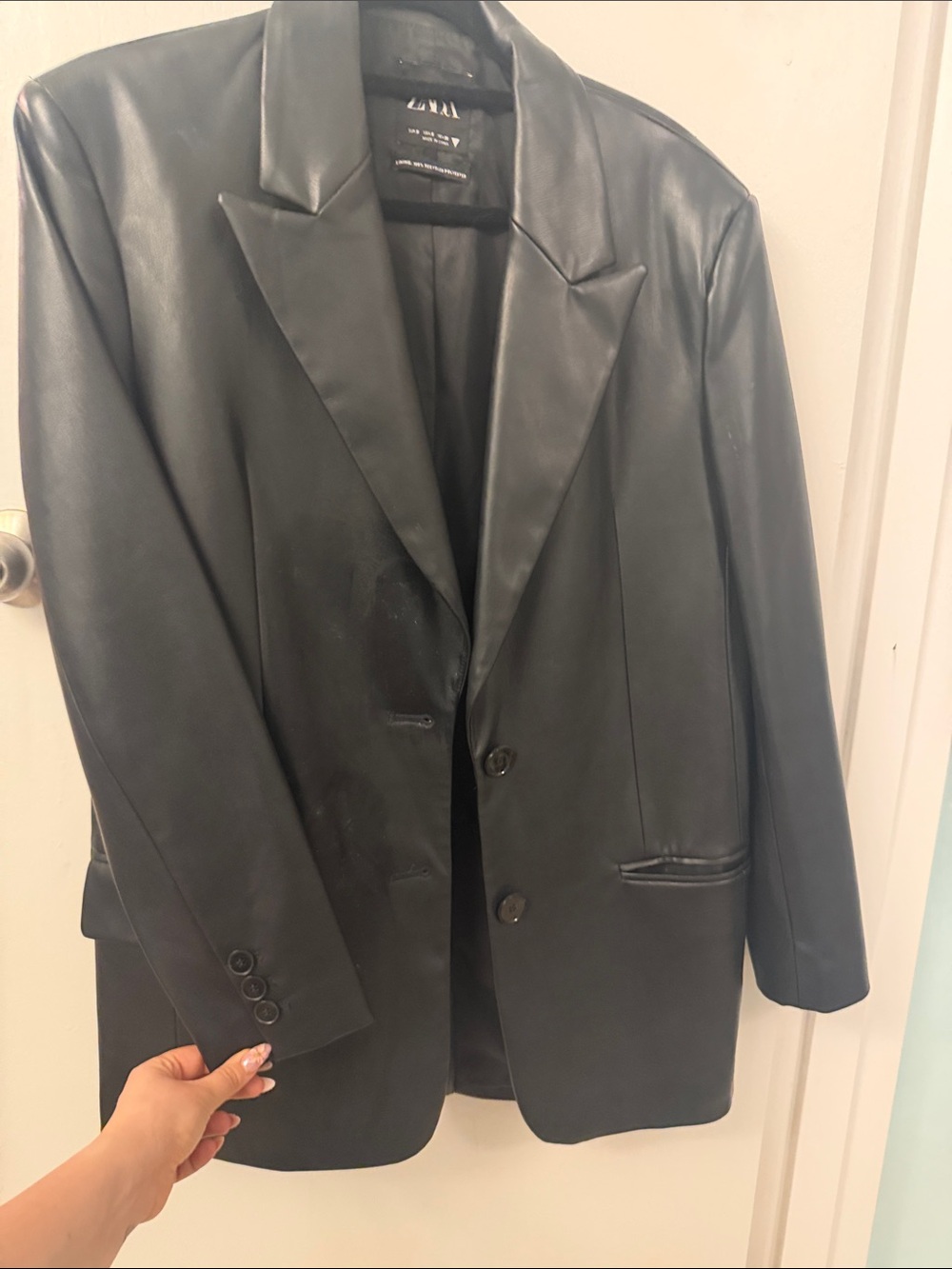 Zara Black Faux Leather Blazer Jacket - Oversized Tailored Look